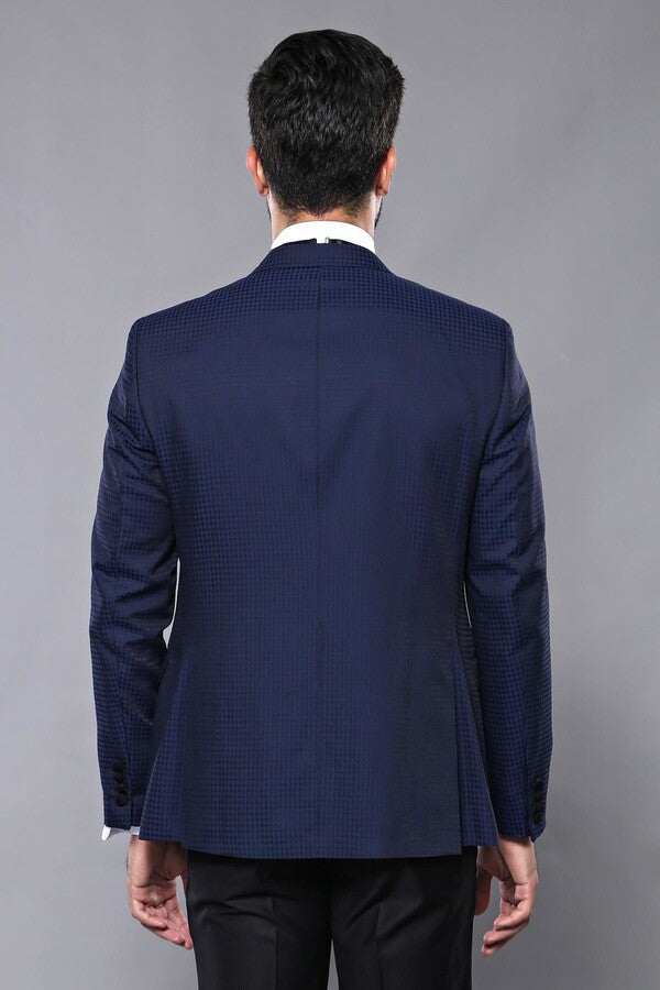 Wessi Erkek Ceket Desenli Lacivert Damatlık Slim Fit Takım Elbise - Wessi