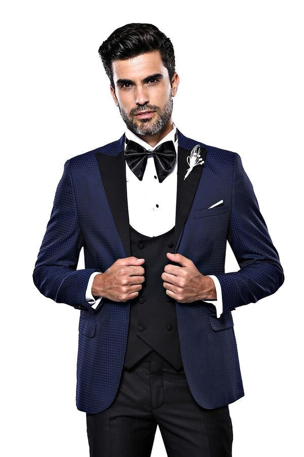 Wessi Erkek Ceket Desenli Lacivert Damatlık Slim Fit Takım Elbise - Wessi