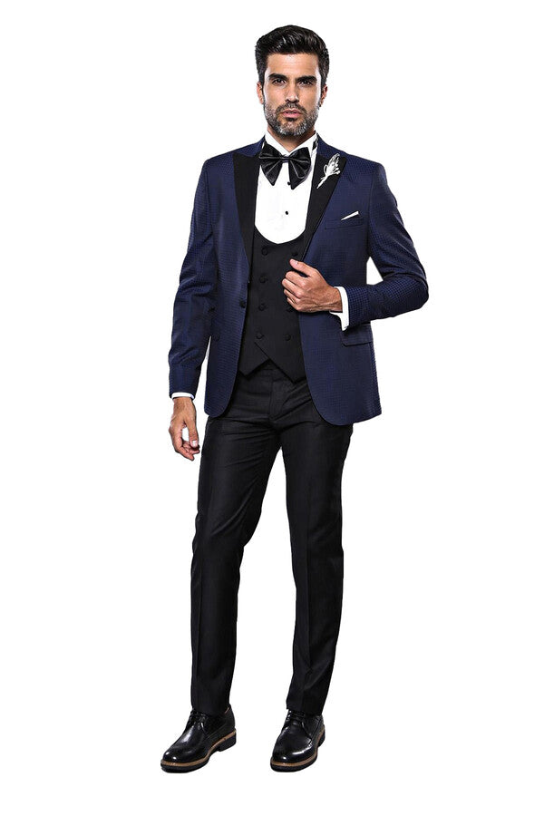 Wessi Erkek Ceket Desenli Lacivert Damatlık Slim Fit Takım Elbise - Wessi