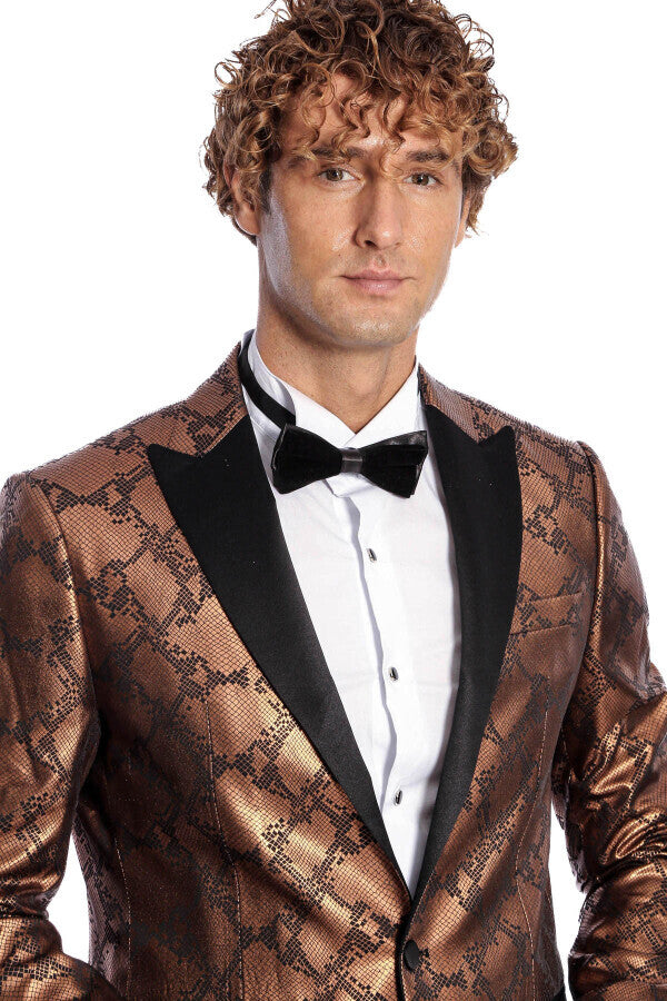 Desenli Slim Fit Kahverengi Erkek Smokin Ceket - Wessi