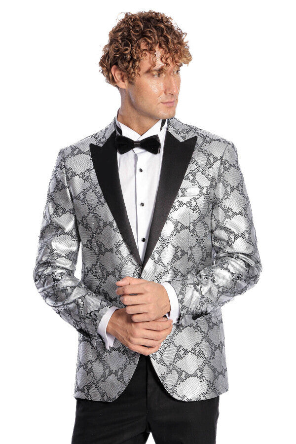 Desenli Slim Fit Gri Erkek Smokin Ceket - Wessi