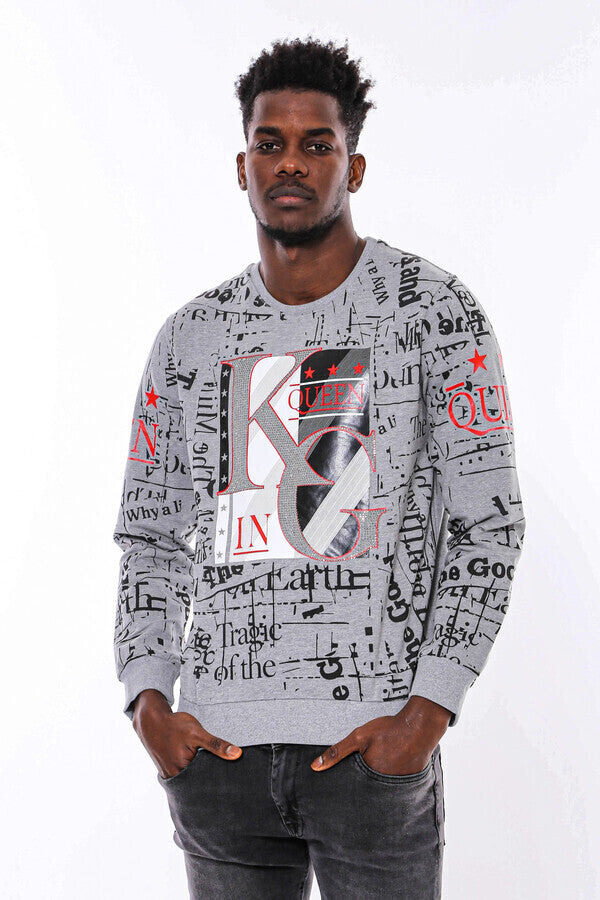 Gri Taşlı Baskılı Desenli Sweatshirt - Wessi