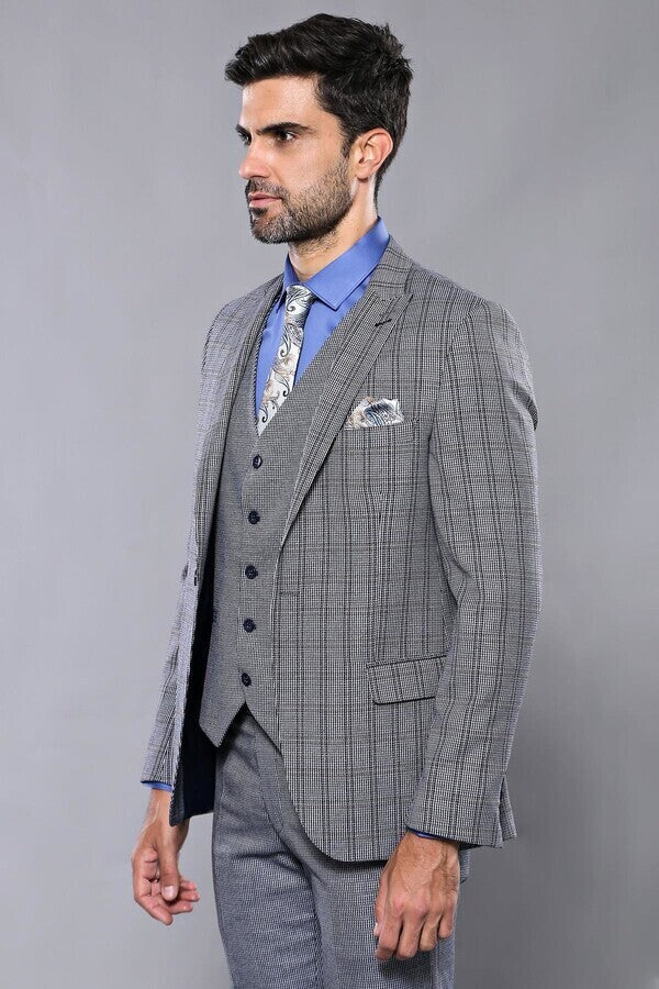 Ekose Lacivert Desen Slim Fit Yelekli Takım Elbise | Wessi