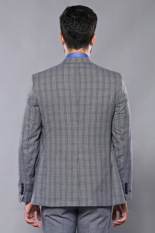 Ekose Lacivert Desen Slim Fit Yelekli Takım Elbise | Wessi
