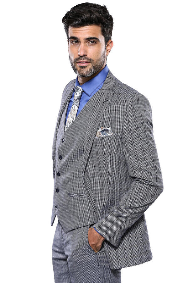 Ekose Lacivert Desen Slim Fit Yelekli Takım Elbise | Wessi