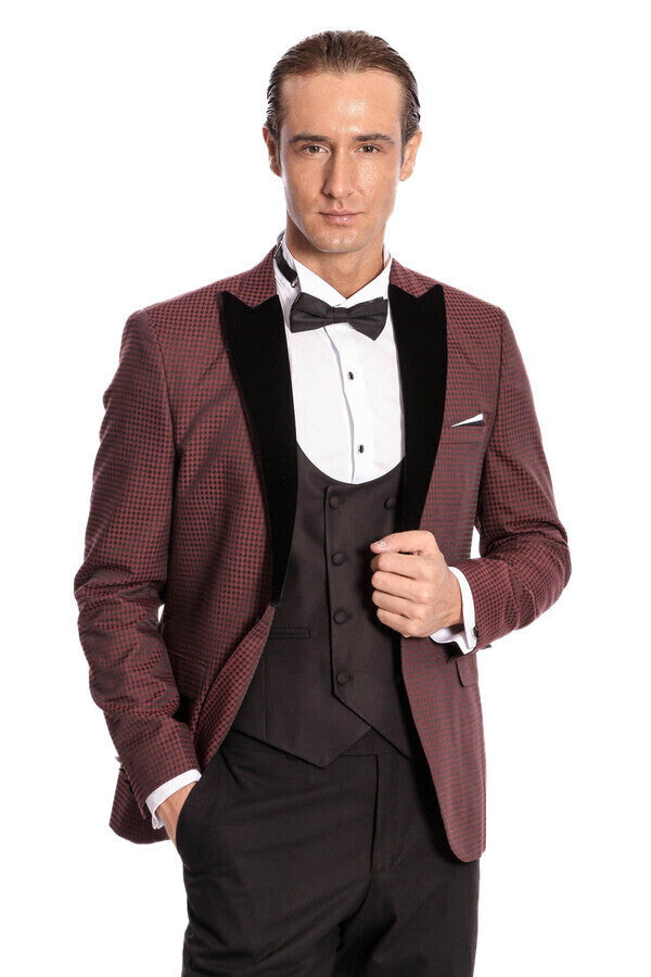 Kazayağı Desenli Kruvaze Yelekli Erkek Bordo Damatlık - Wessi