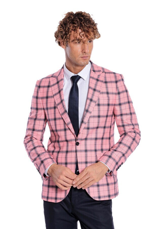 Ekose Desenli Slim Fit Pembe Erkek Ceket - Wessi
