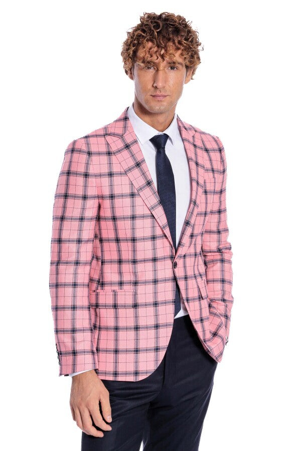 Ekose Desenli Slim Fit Pembe Erkek Ceket - Wessi