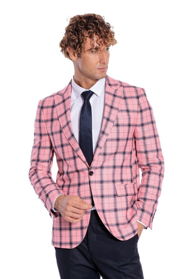 Ekose Desenli Slim Fit Pembe Erkek Ceket - Wessi