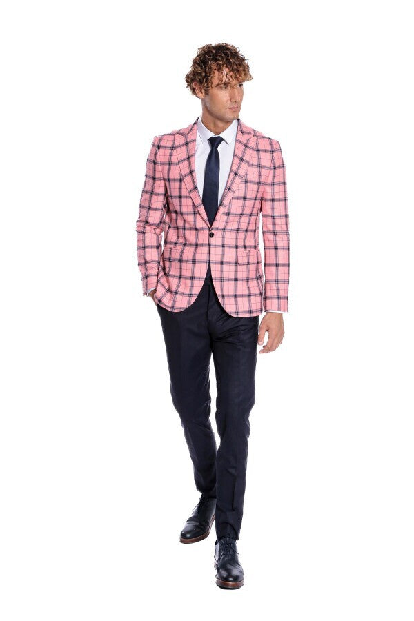 Ekose Desenli Slim Fit Pembe Erkek Ceket - Wessi