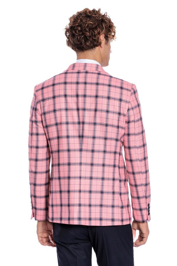 Ekose Desenli Slim Fit Pembe Erkek Ceket - Wessi