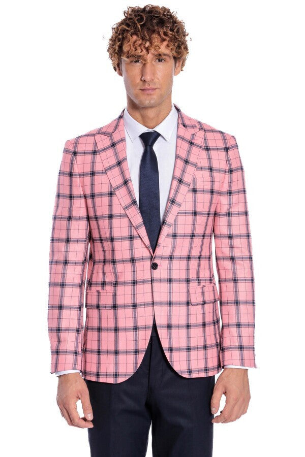 Ekose Desenli Slim Fit Pembe Erkek Ceket - Wessi