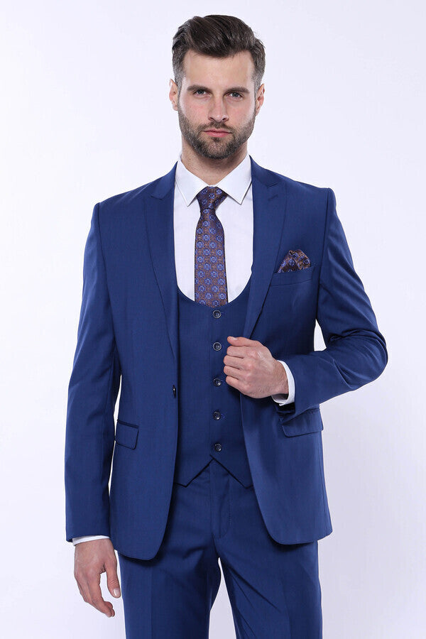 Düz Lacivert Sivri Yaka Slim Fit Yelekli Takım Elbise - Wessi