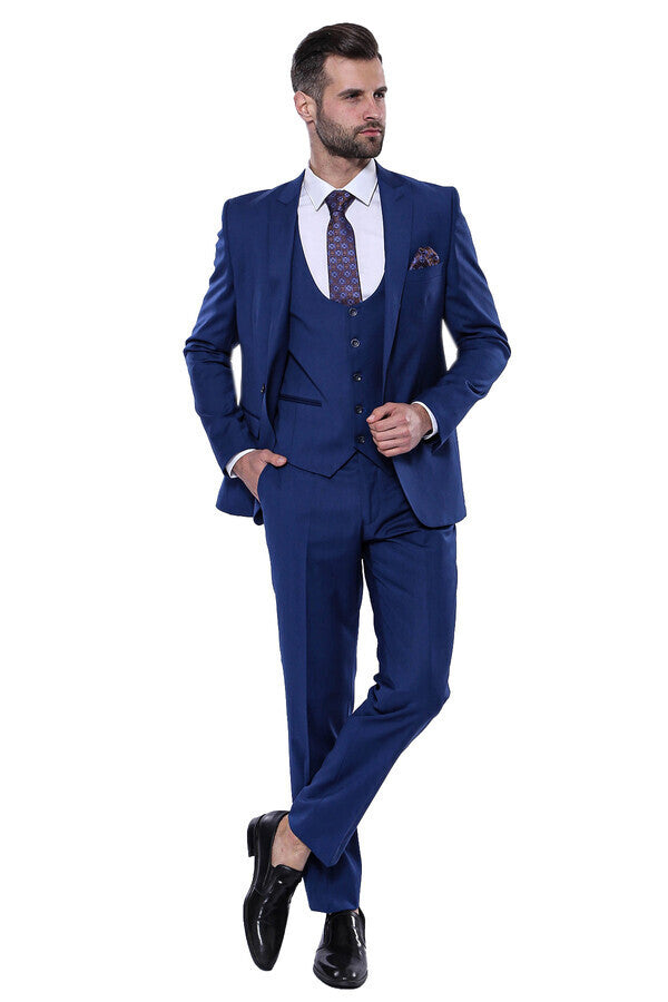 Düz Lacivert Sivri Yaka Slim Fit Yelekli Takım Elbise - Wessi