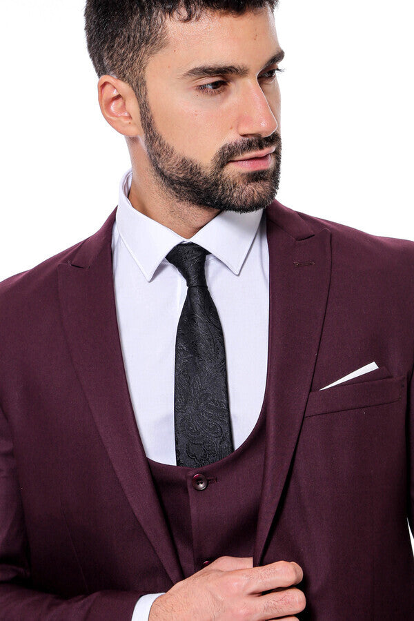 Desensiz Slim Fit Bordo Erkek Takım Elbise - Wessi