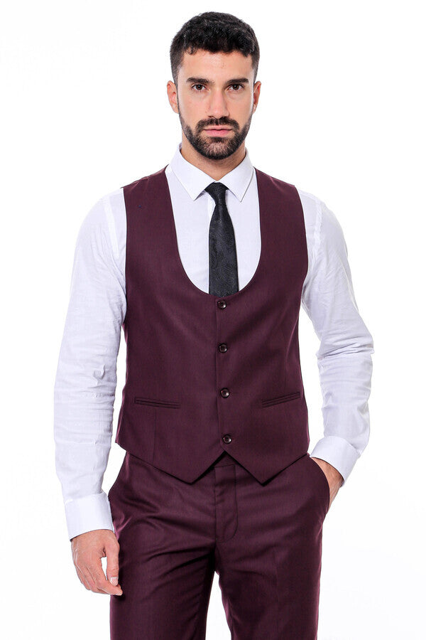 Desensiz Slim Fit Bordo Erkek Takım Elbise - Wessi