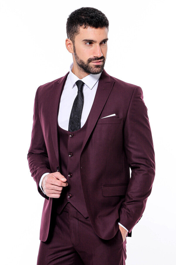 Desensiz Slim Fit Bordo Erkek Takım Elbise - Wessi