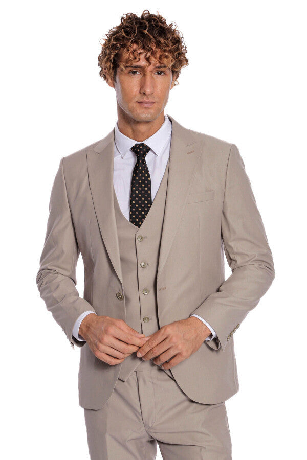 Desensiz Yelekli Slim Fit Açık Kahverengi Erkek Takım Elbise - Wessi