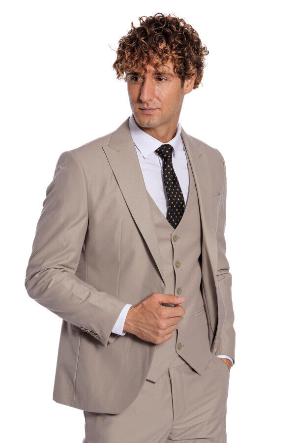 Desensiz Yelekli Slim Fit Açık Kahverengi Erkek Takım Elbise - Wessi