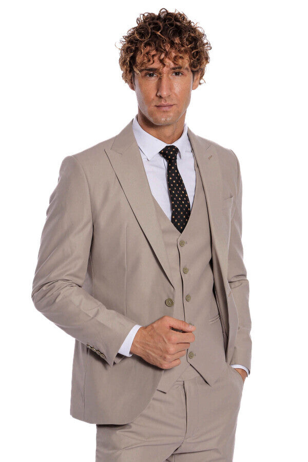 Desensiz Yelekli Slim Fit Açık Kahverengi Erkek Takım Elbise - Wessi