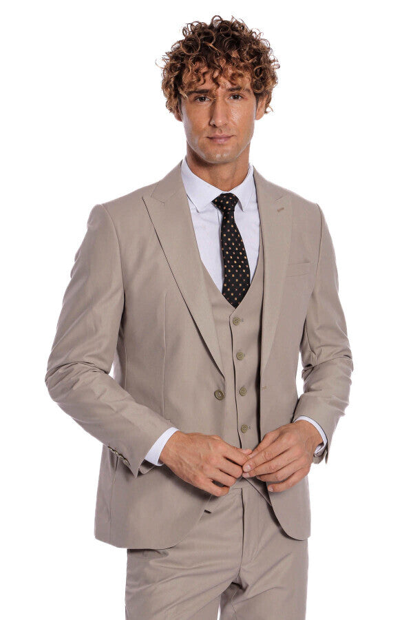 Desensiz Yelekli Slim Fit Açık Kahverengi Erkek Takım Elbise - Wessi