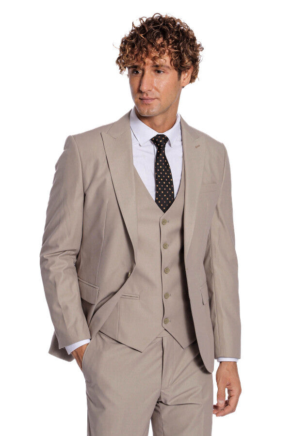 Desensiz Yelekli Slim Fit Açık Kahverengi Erkek Takım Elbise - Wessi