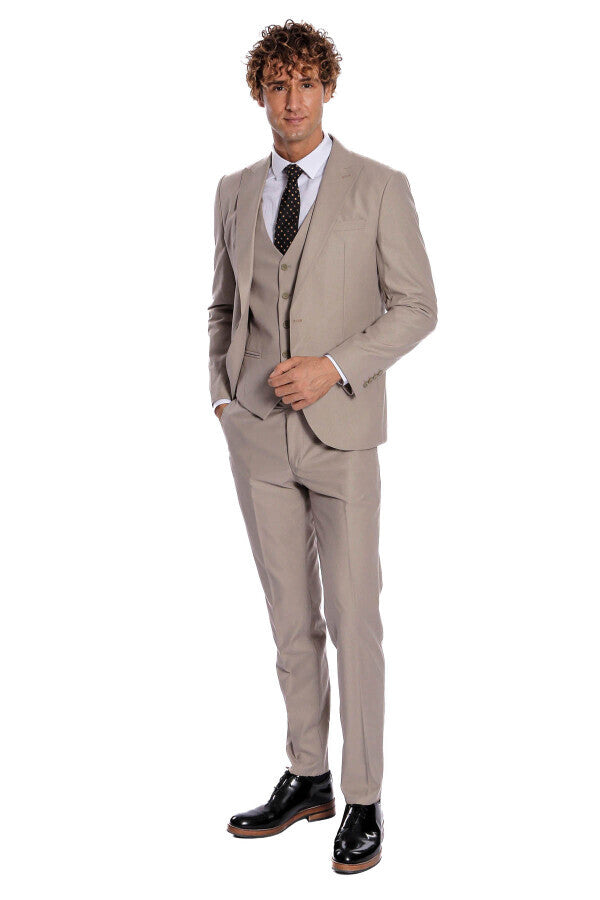 Desensiz Yelekli Slim Fit Açık Kahverengi Erkek Takım Elbise - Wessi
