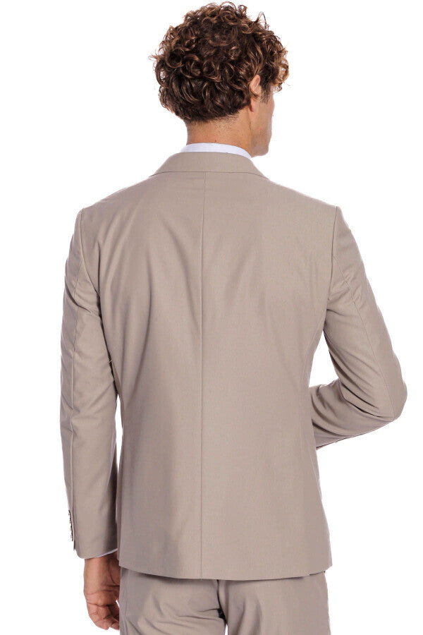 Desensiz Yelekli Slim Fit Açık Kahverengi Erkek Takım Elbise - Wessi