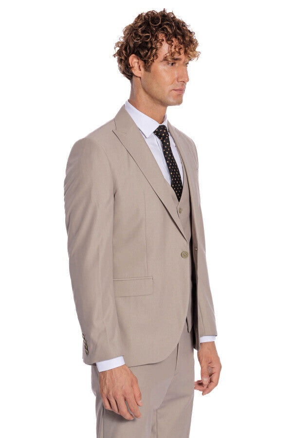 Desensiz Yelekli Slim Fit Açık Kahverengi Erkek Takım Elbise - Wessi