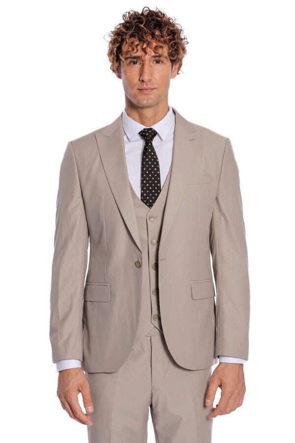 Desensiz Yelekli Slim Fit Açık Kahverengi Erkek Takım Elbise - Wessi