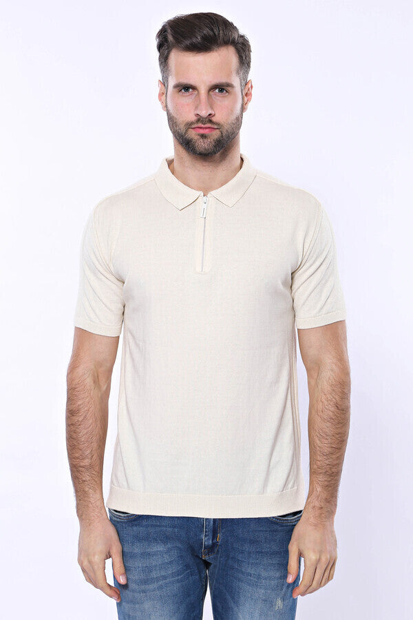 Polo Yaka Krem Düz Örme T-shirt | Wessi