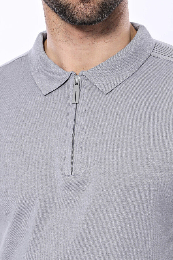 Polo Yaka Düz Gri Örme T-shirt | Wessi
