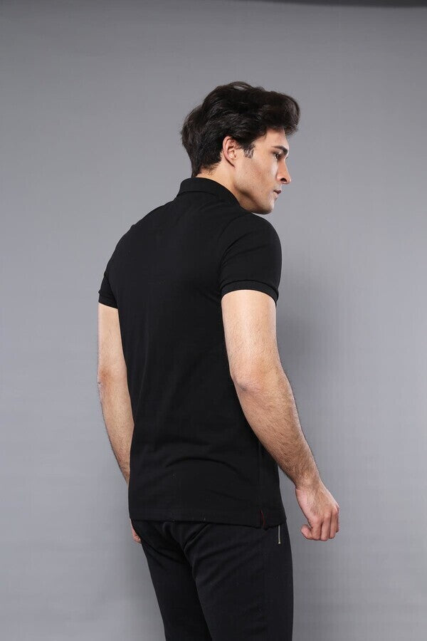 Polo Yaka Düz Siyah T-shirt | Wessi