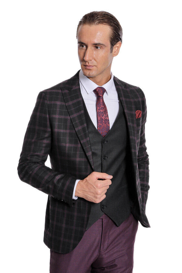 Mor Yelekli Slim Fit Ekose Siyah Erkek Takım Elbise - Wessi