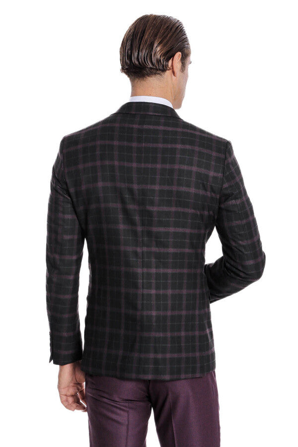 Mor Yelekli Slim Fit Ekose Siyah Erkek Takım Elbise - Wessi