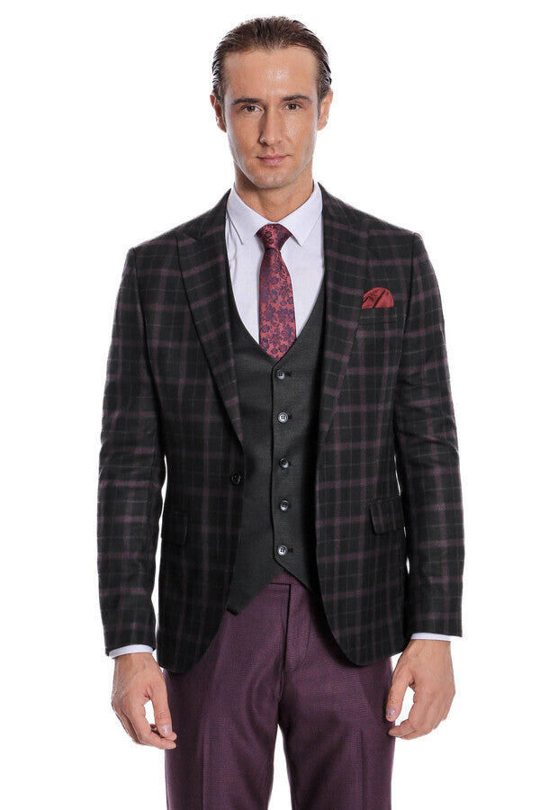 Mor Yelekli Slim Fit Ekose Siyah Erkek Takım Elbise - Wessi