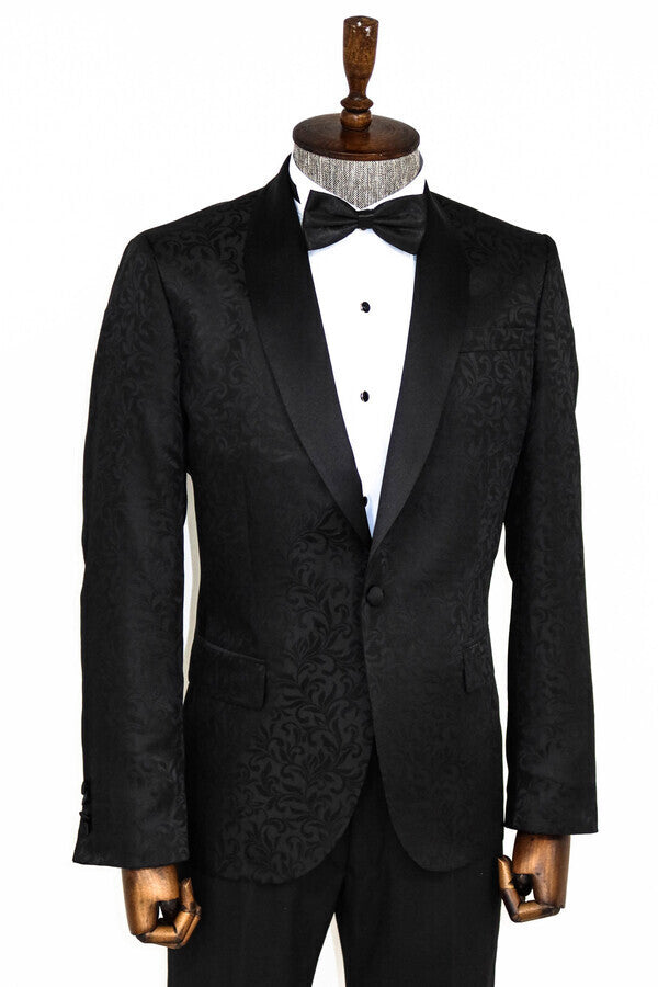 Şal Yaka Desenli Siyah Erkek Smokin Ceket - Wessi