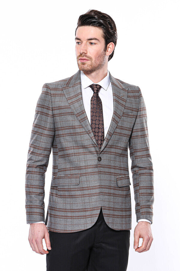 Ekose Desenli Slim Fit Kahverengi Erkek Ceket - Wessi