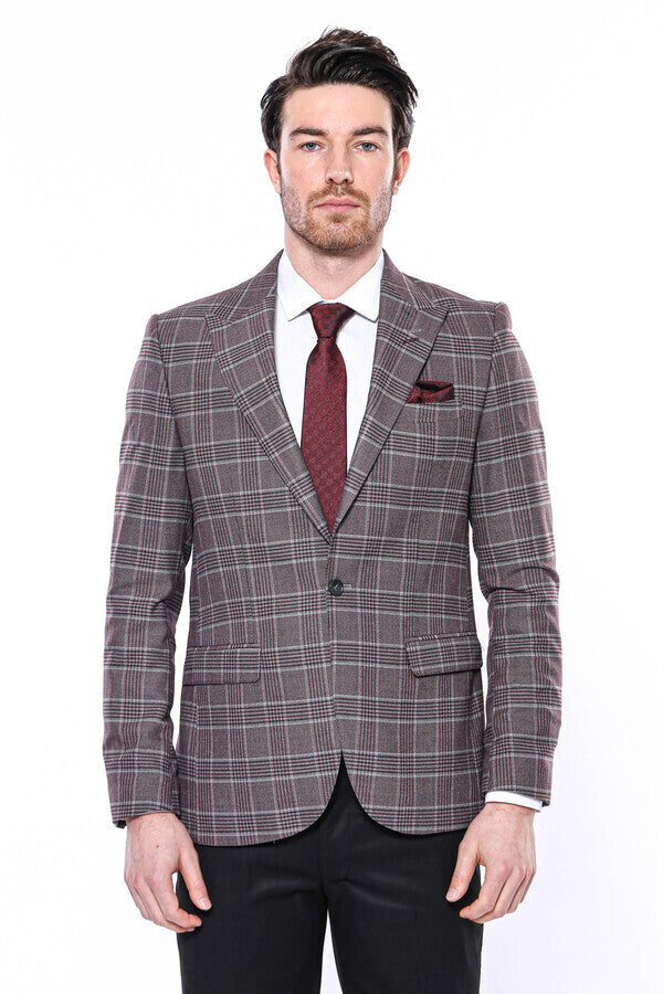 Ekose Slim Fit Bordo Erkek Ceket - Wessi