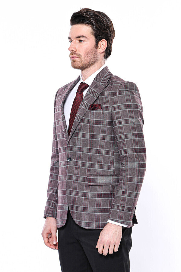Ekose Slim Fit Bordo Erkek Ceket - Wessi