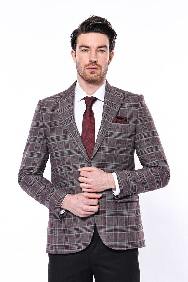 Ekose Slim Fit Bordo Erkek Ceket - Wessi