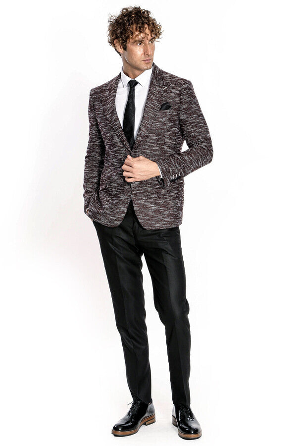 Desenli Slim Fit Spor Bordo Erkek Ceket - Wessi