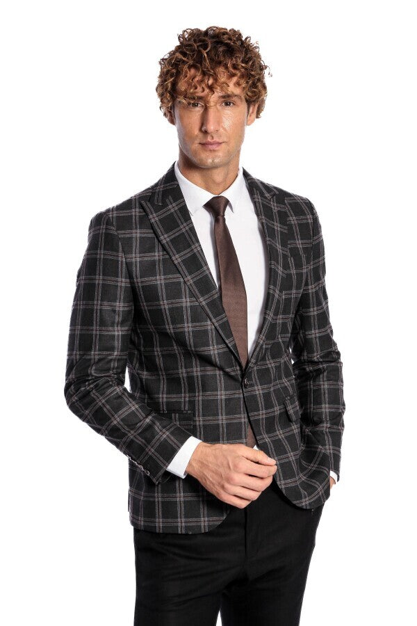 Slim Fit Sivri Yaka Siyah Erkek Ceket - Wessi