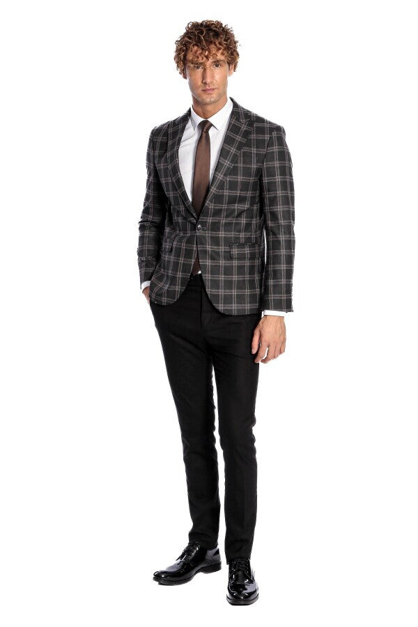 Slim Fit Sivri Yaka Siyah Erkek Ceket - Wessi