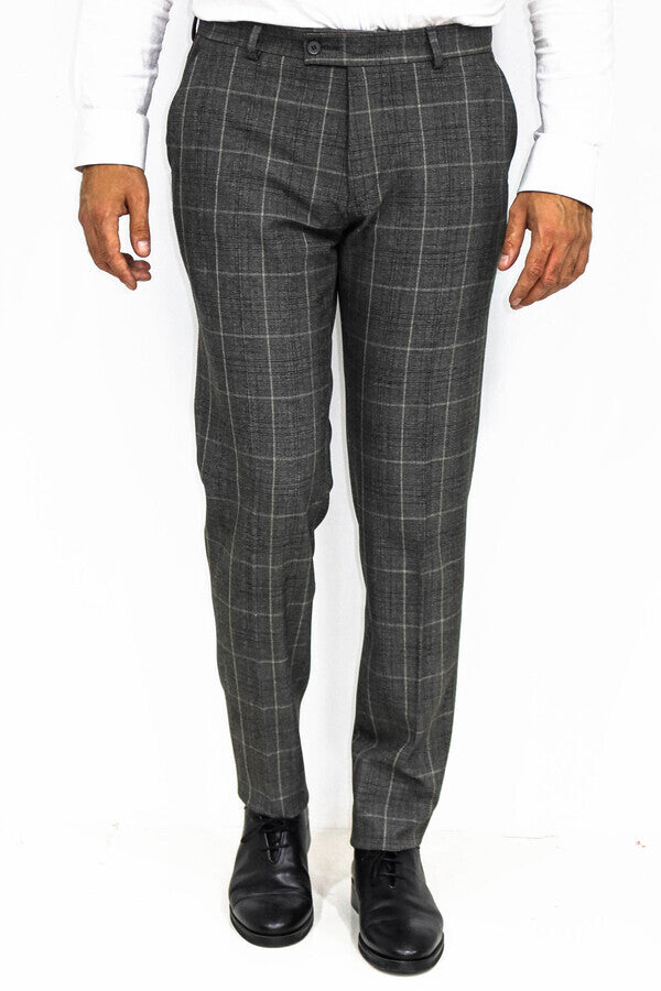 Kare Desenli Slim Fit Füme Erkek Pantolon - Wessi