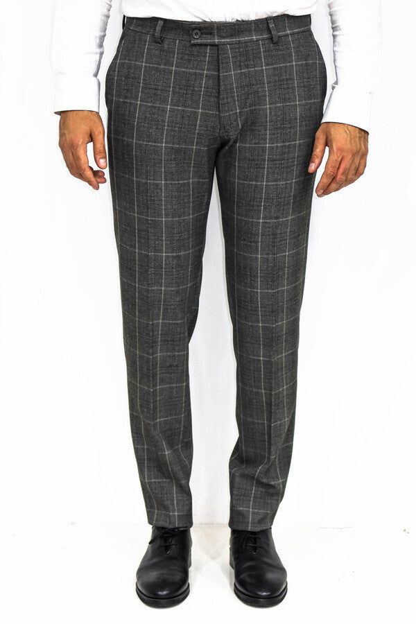 Kare Desenli Slim Fit Füme Erkek Pantolon - Wessi