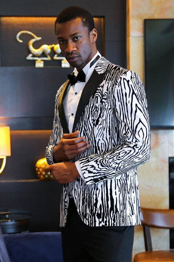 Slim Fit Zebra Desen Beyaz Erkek Smokin Ceket - Wessi