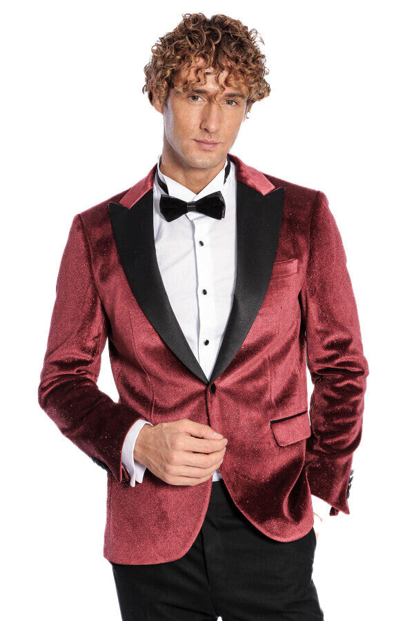 Simli Slim Fit Kadife Bordo Erkek Smokin Ceket - Wessi