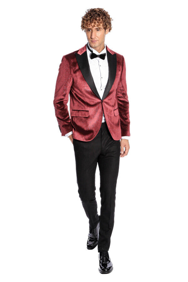 Simli Slim Fit Kadife Bordo Erkek Smokin Ceket - Wessi