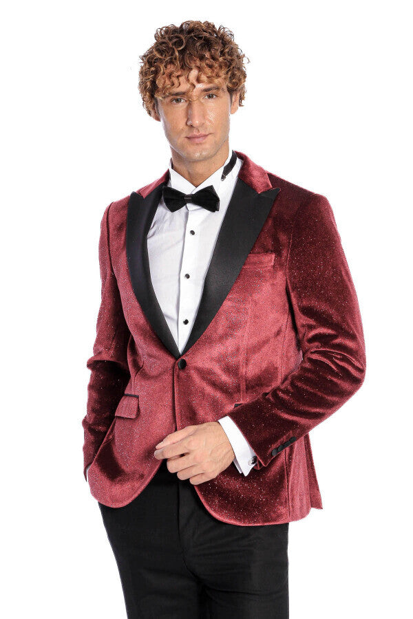 Simli Slim Fit Kadife Bordo Erkek Smokin Ceket - Wessi